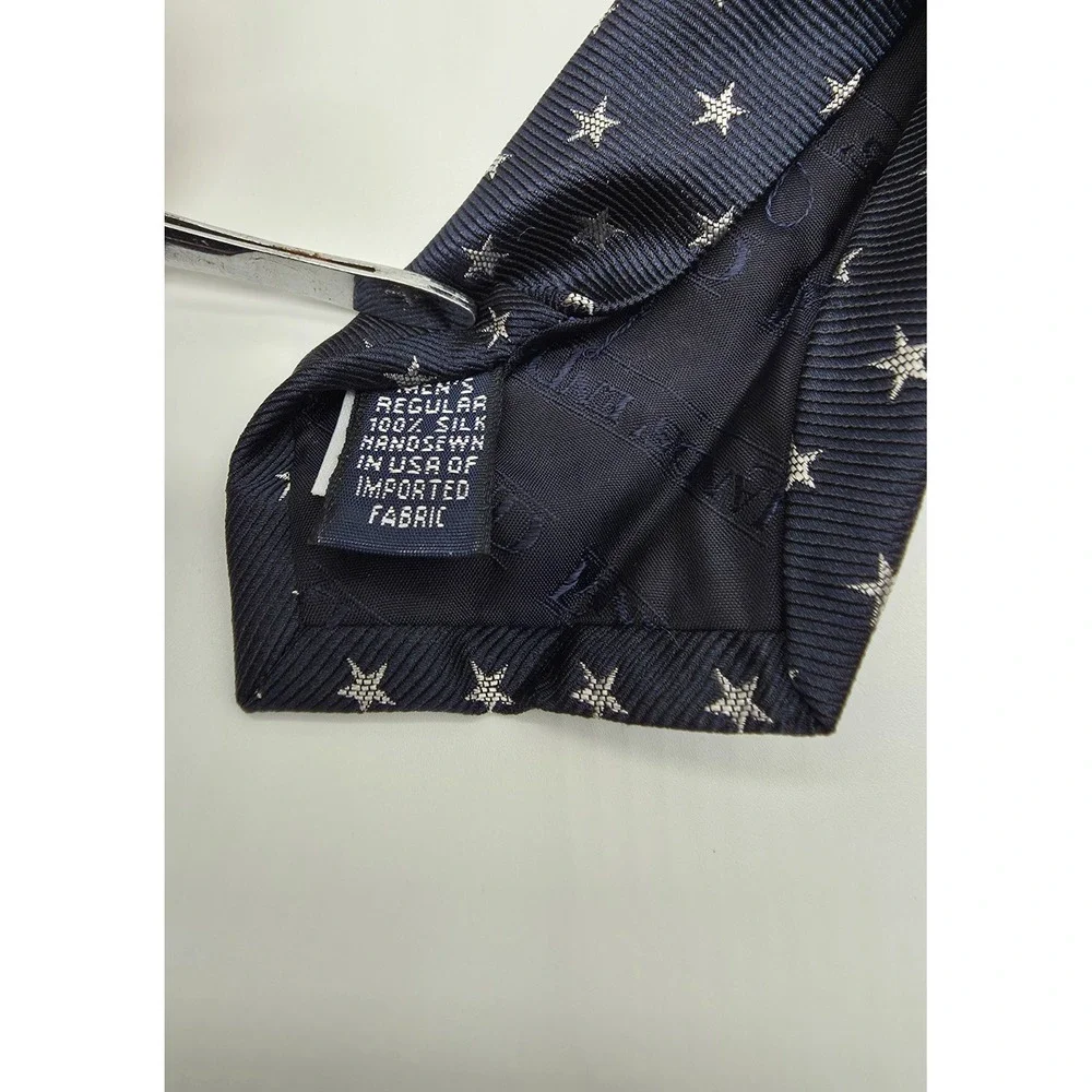 Lands' End Hand Sewn Vintage 100% Silk Neck Tie Blue Silver Stars 58